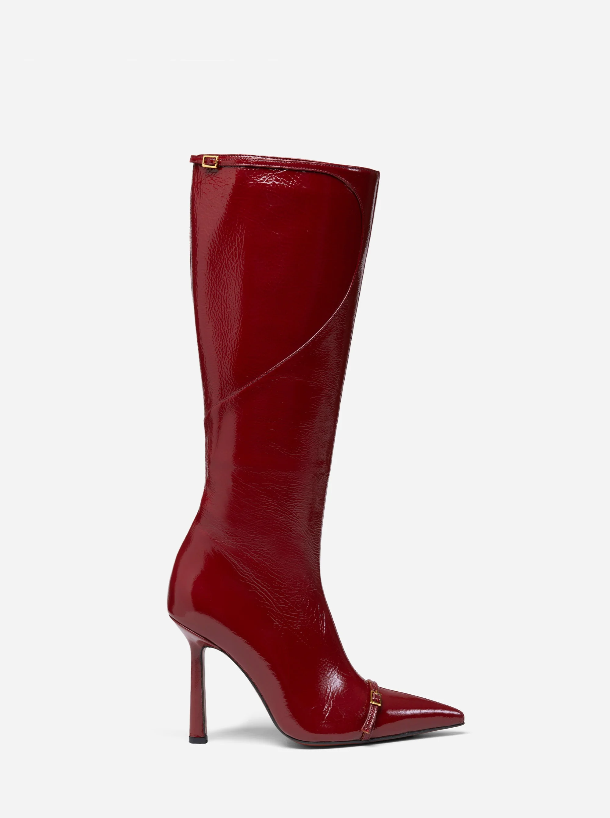 Knee High Pointy Toe Boots Rusty Red High Gloss