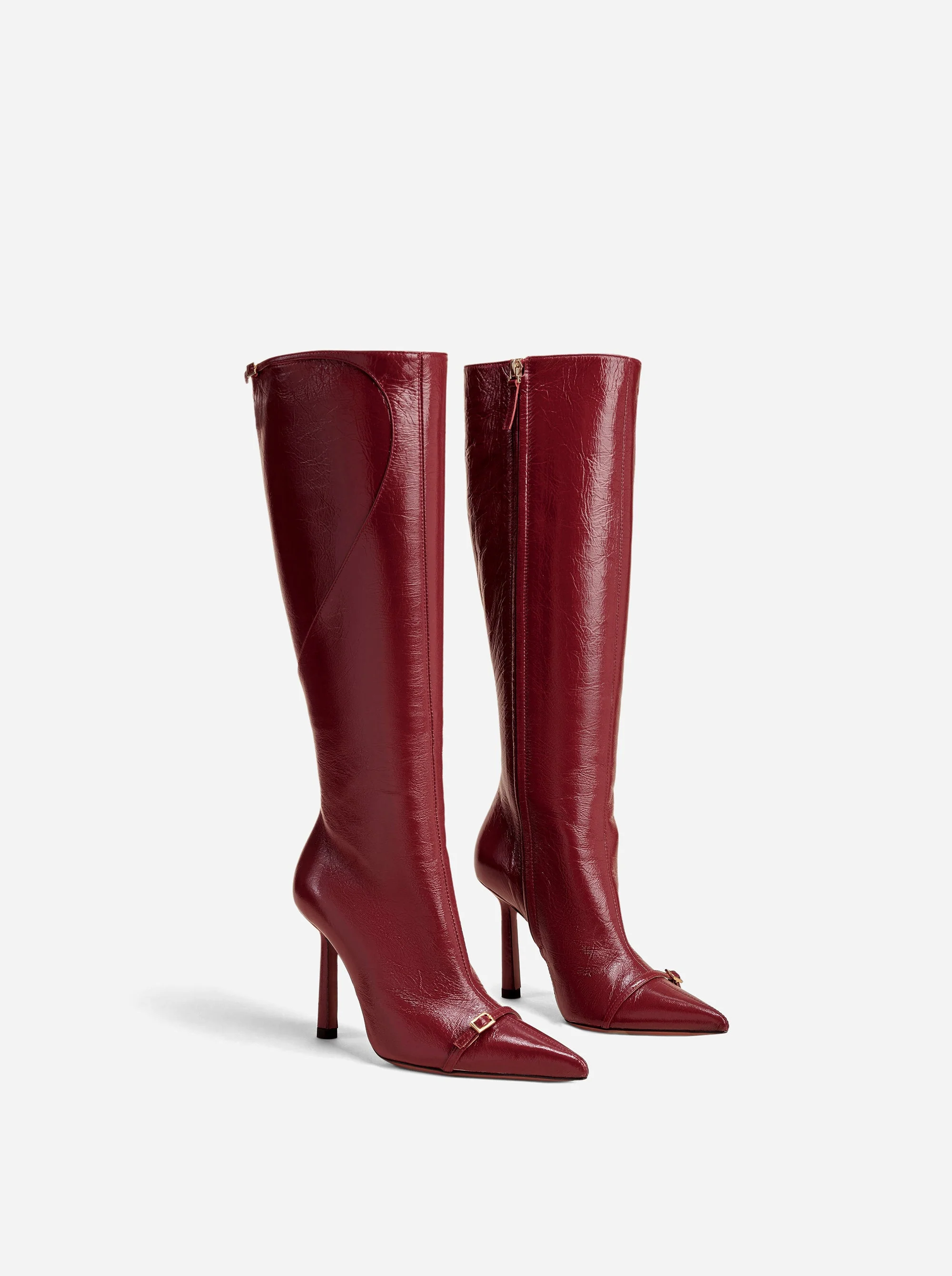 Knee High Pointy Toe Boots Rusty Red High Gloss - Image 2
