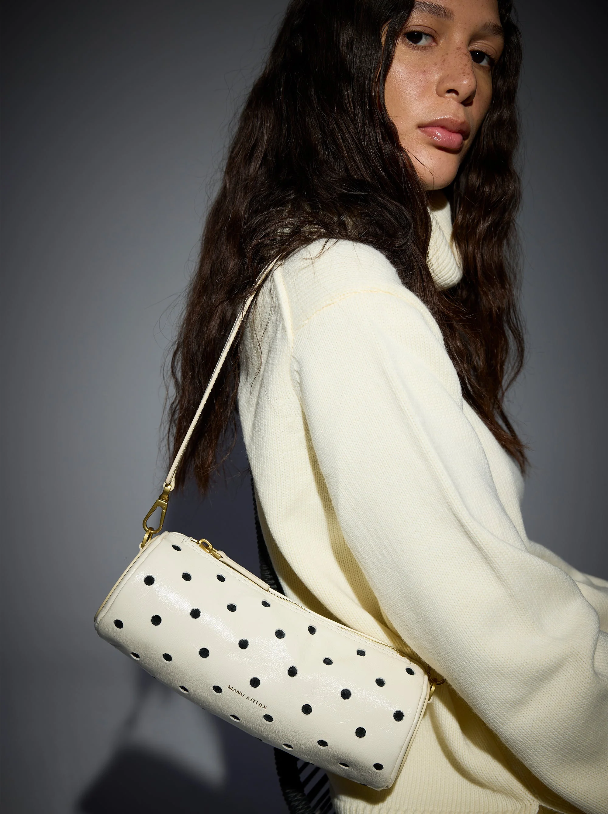 Mini Cylinder Perforated Ecru High Gloss & Black Suede - Image 2